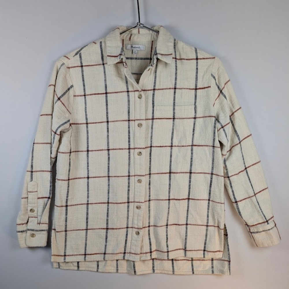 Madewell Flannel Shirt Womens XS Windowpane Plaid Button Up Cream Navy Rust